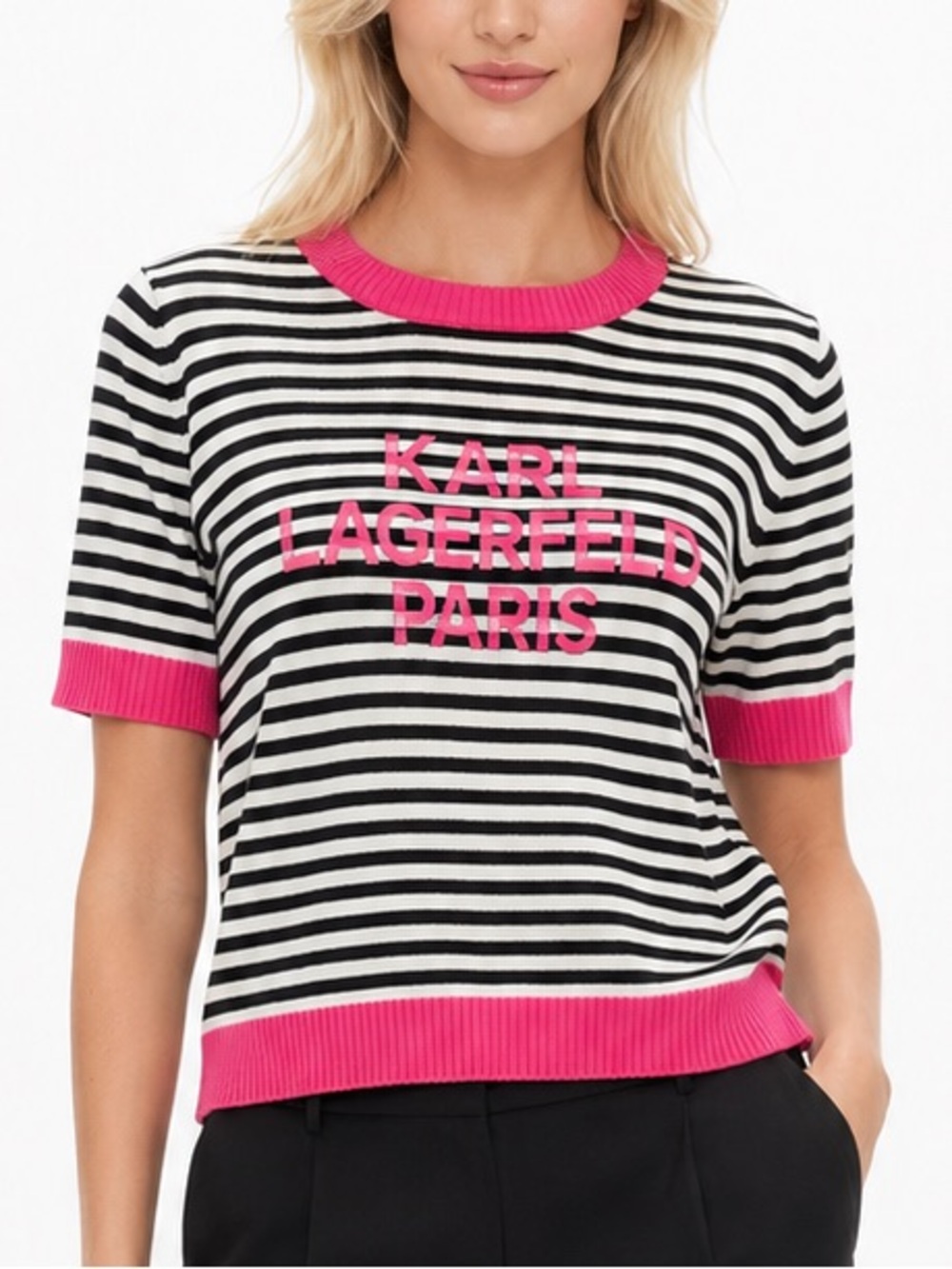 Karl Lagerfeld Paris NEW Striped Logo Knit Top LARGE Pink Black White Luxury